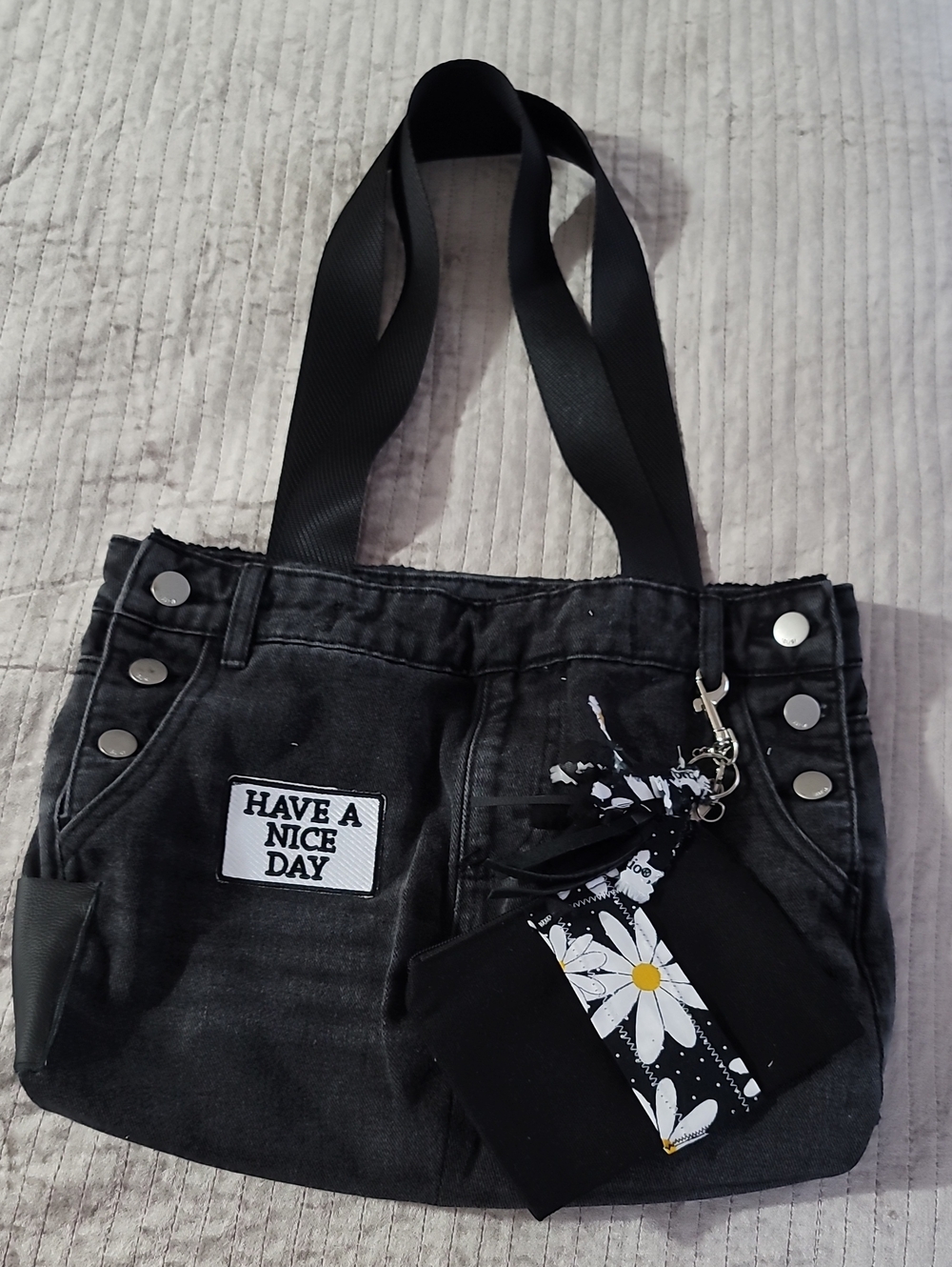Black Denim Tote Bag with 'Have A Nice Day' Patch -HANDMADE